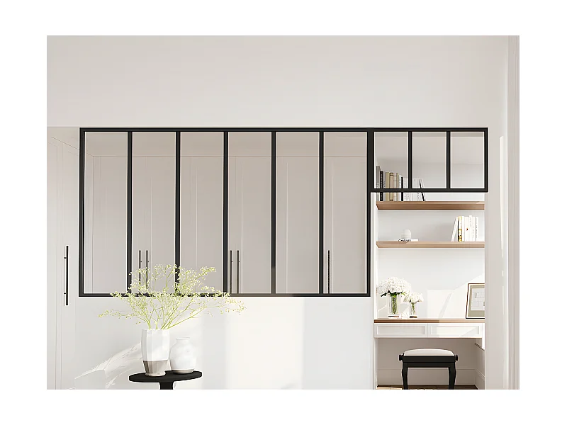 Przeszklona ścianka industrialna z nadświetlem z aluminium malowanego proszkowo - szer. 180 x wys. 105 + szer. 73 x wys. 40 cm - Czarny - BAYVIEW