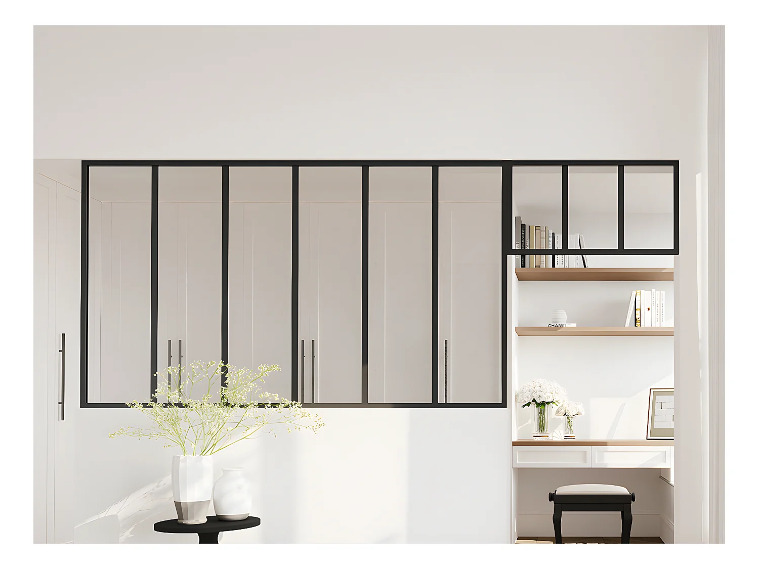 Verrière atelier avec imposte en aluminium thermolaqué - L180 x H105 + L73 x H40 cm - Noir - BAYVIEW