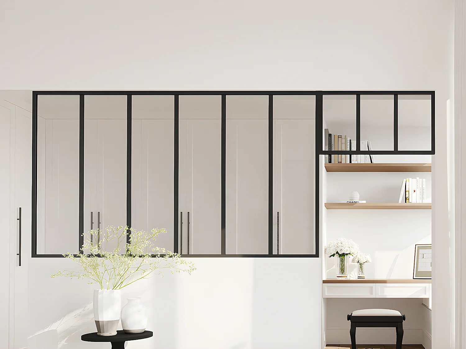 Vetrata atelier con sopraluce L180 x H105 + L73 x H40 cm in Alluminio termolaccato Nero - BAYVIEW