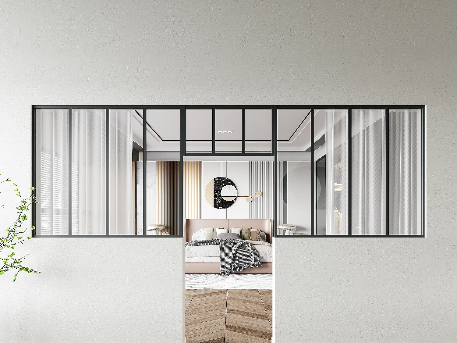 Atelier-Glaswand mit Oberlicht 2er-Set - thermolackiertes Aluminium - 2x 120 x 105 + 73 x 40 cm - Schwarz - BAYVIEW