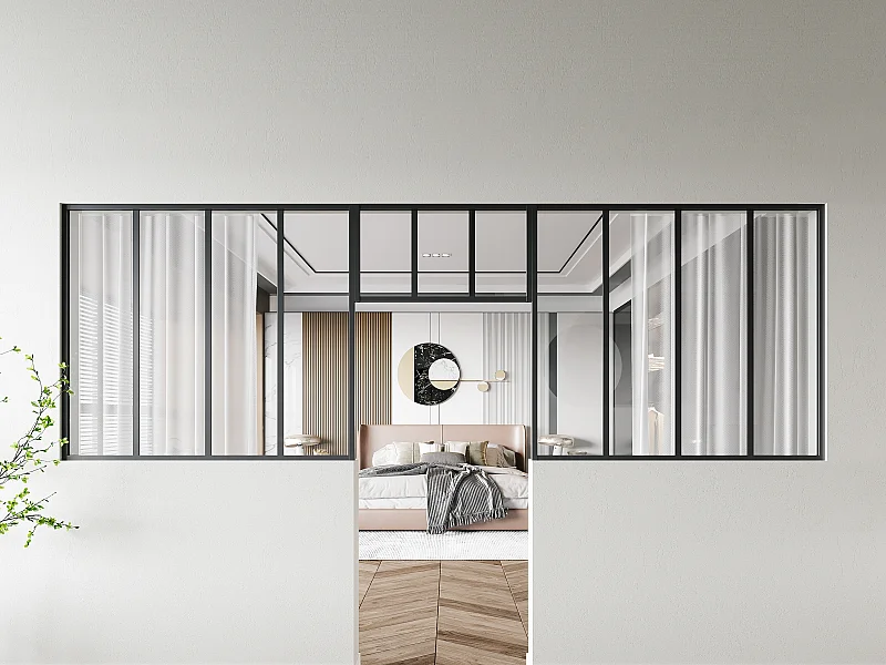 Vetrata atelier con sopraluce 2xL120xH105 + L73xH40cm in Alluminio termolaccato Nero - Lotto di 2 - BAYVIEW