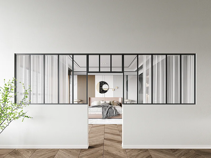 Lote de 2 cristaleras estilo taller con travesaños de aluminio termolacado - 2 x Ancho 150 x 105 + Ancho 73 x 40 cm - Negro - BAYVIEW