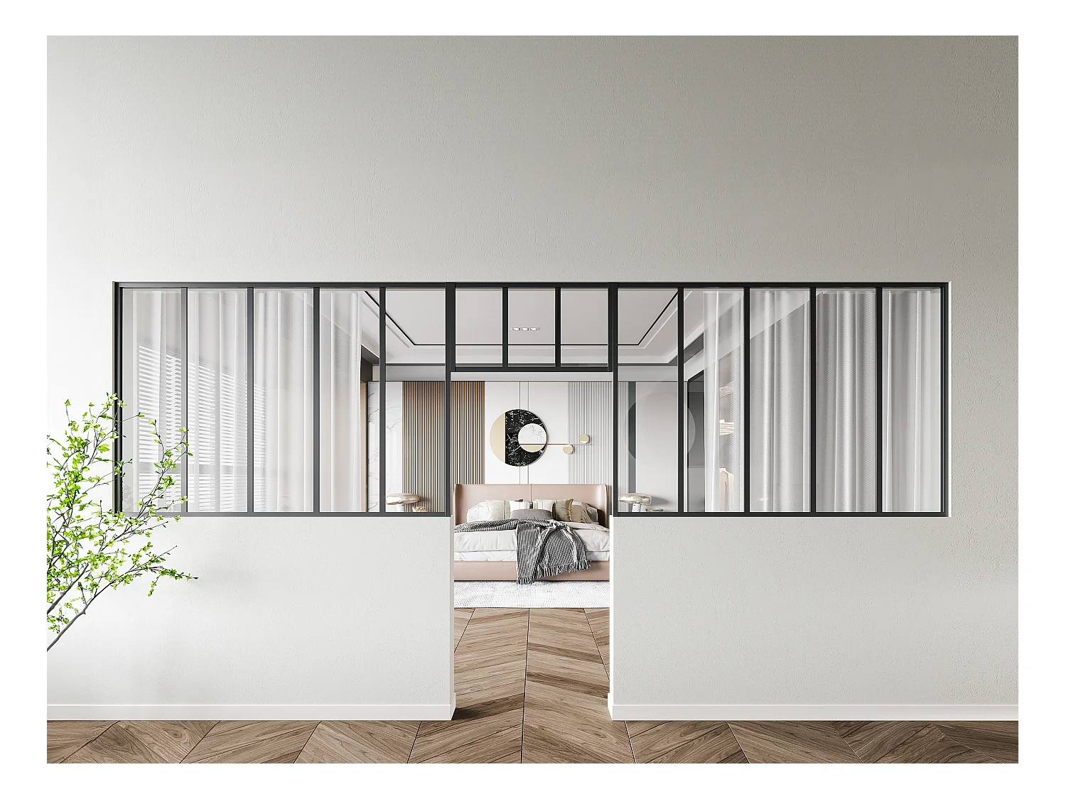 Atelier-Glaswand mit Oberlicht 2er-Set - thermolackiertes Aluminium - 2x 150 x 105 + 73 x 40 cm - Schwarz - BAYVIEW