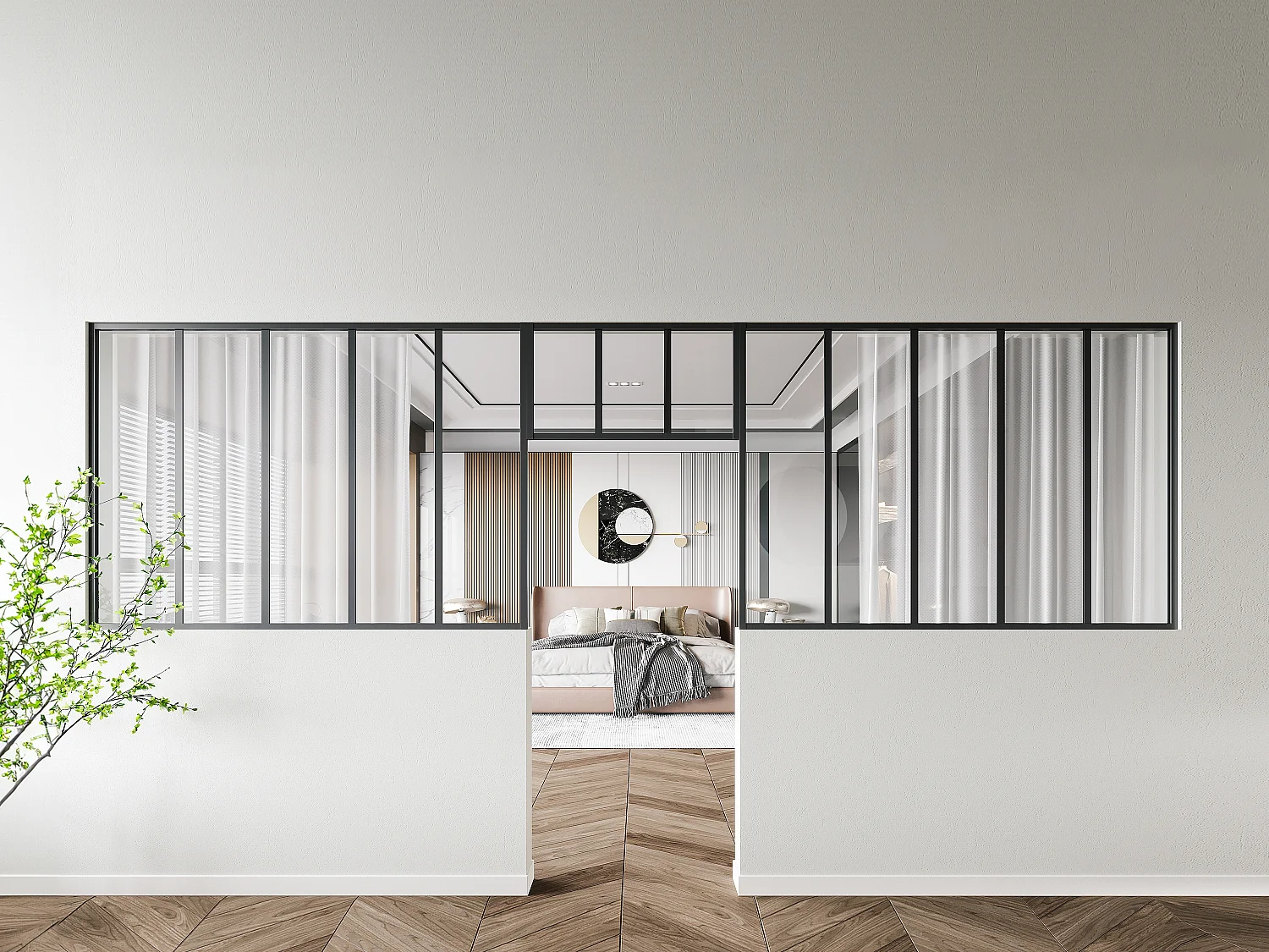 Conjunto de 2 divisórias atelier com divisória envidraçada alumínio termolacado 2x C150 x A105 + C73 x A40 cm preto - BAYVIEW