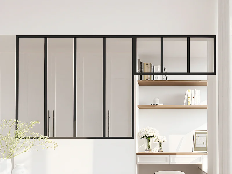 Divisória de atelier com divisória envidraçada alumínio termolacado C120 x A105 + C83 x A40 cm preto - BAYVIEW