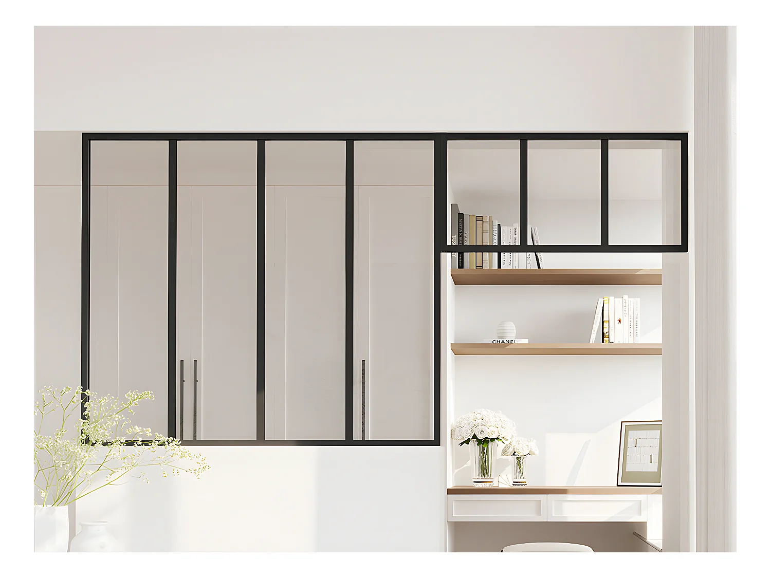 Verrière atelier avec imposte en aluminium thermolaqué - L120 x H105 + L83 x H40 cm - Noir - BAYVIEW