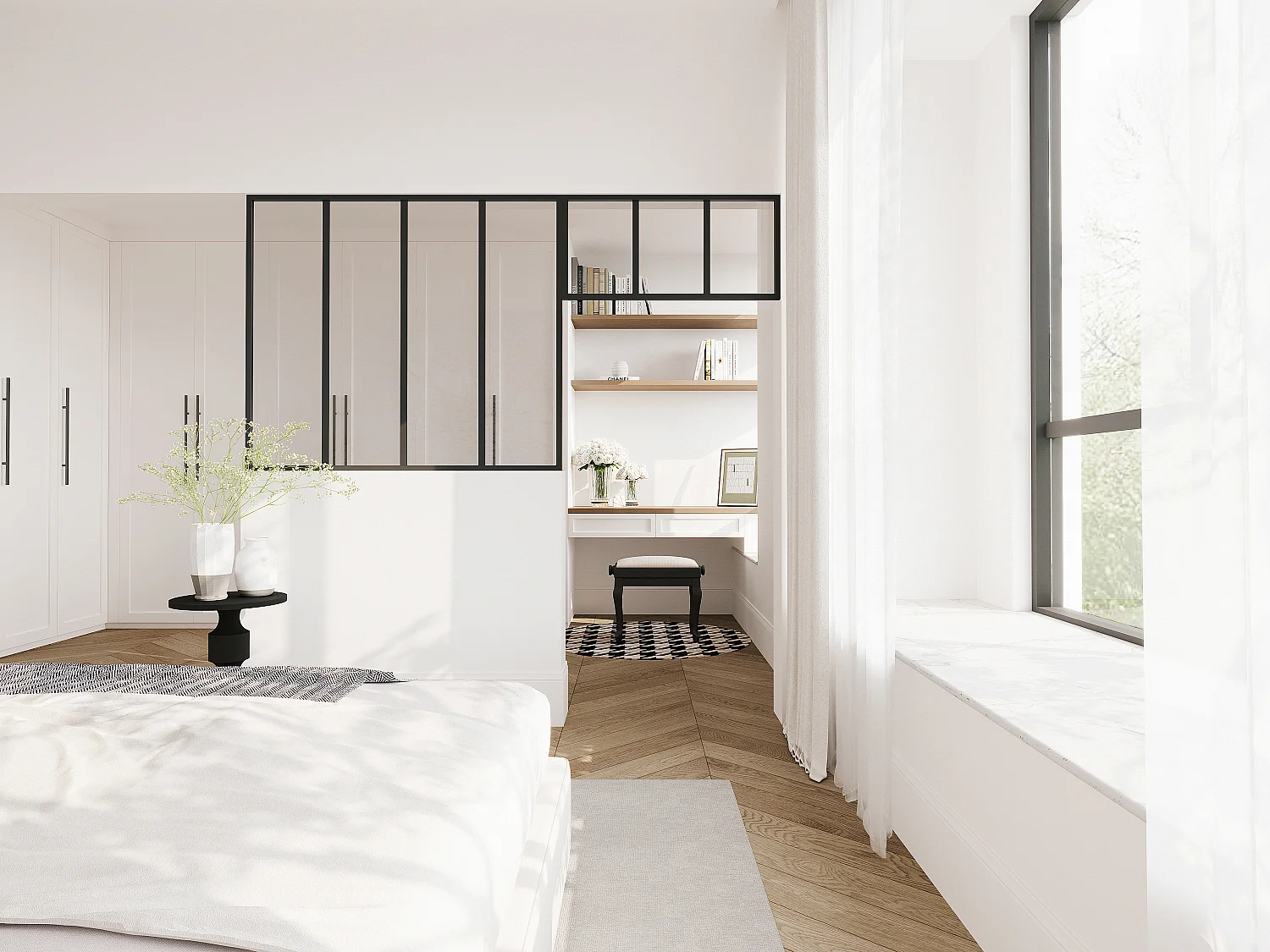 Divisória de atelier com divisória envidraçada alumínio termolacado C120 x A105 + C83 x A40 cm preto - BAYVIEW