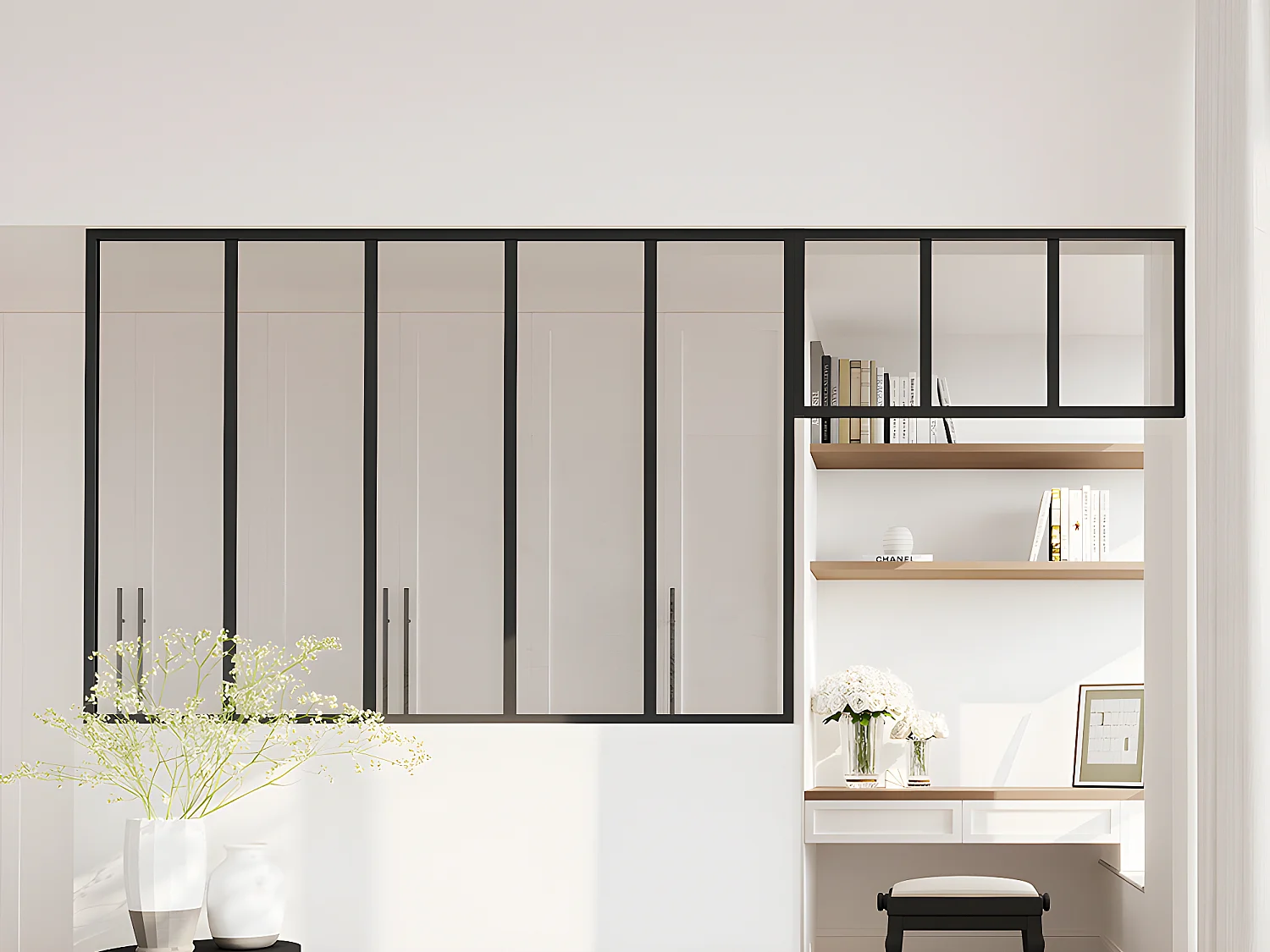 Verrière atelier avec imposte en aluminium thermolaqué - L150 x H105 + L83 x H40 cm - Noir - BAYVIEW