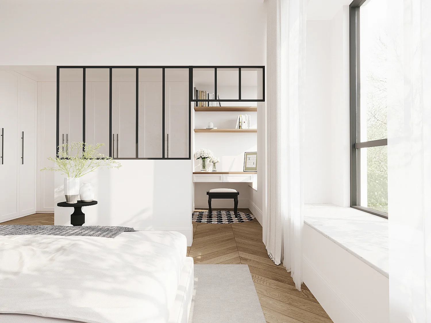 Divisória de atelier com divisória envidraçada alumínio termolacado C150 x A105 + C83 x A40 cm preto - BAYVIEW