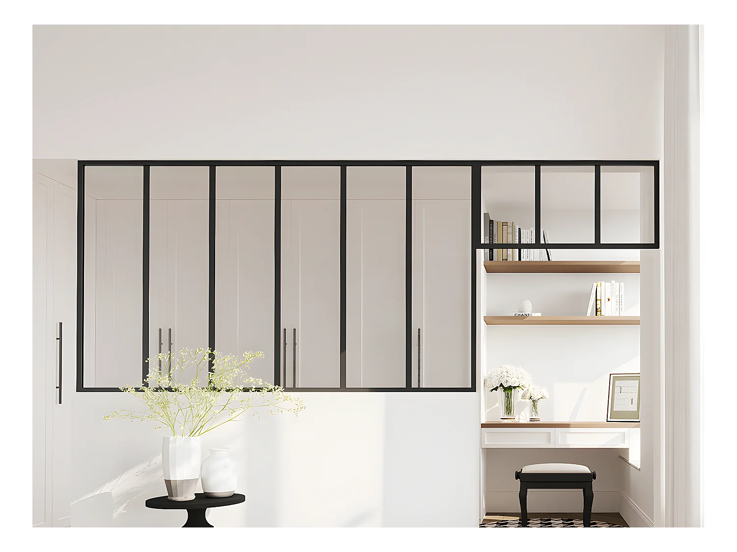 Cristalera estilo taller con travesaño de aluminio termolacado - Ancho 180 x Alt. 105 + Ancho 83 x Alt. 40 cm - Negro - BAYVIEW