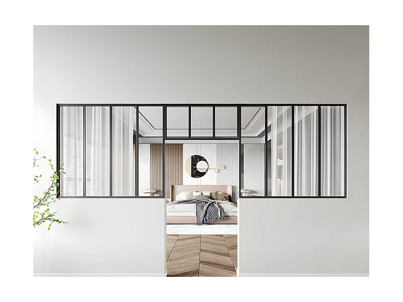 Zestaw 2 przeszklonych ścianek industrialnych z nadświetlem z aluminium malowanego proszkowo - 2 x szer. 120 x wys. 105 + szer. 83 x wys. 40 cm - Czarny - BAYVIEW