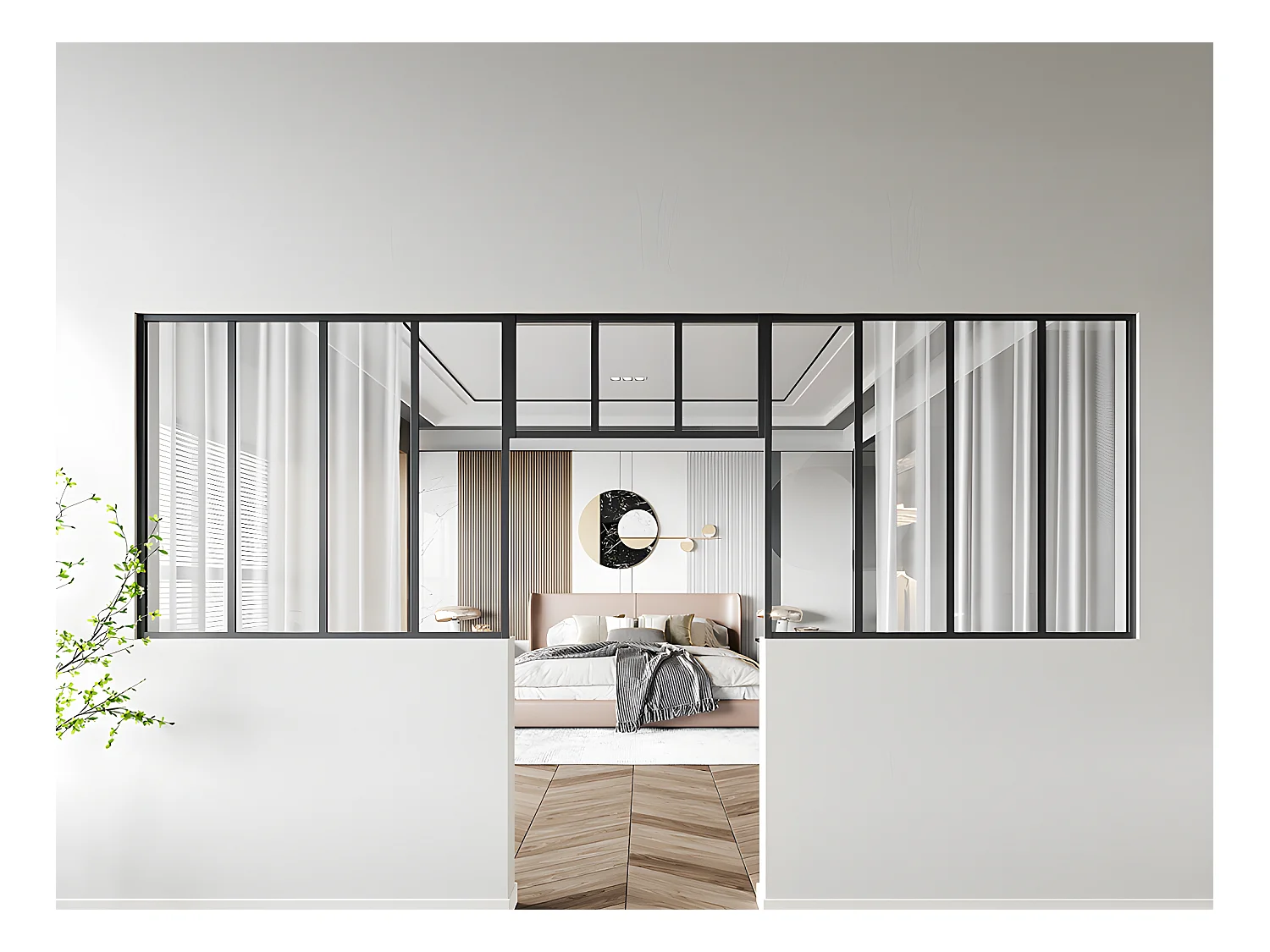 Atelier-Glaswand mit Oberlicht 2er-Set - thermolackiertes Aluminium - 2x 120 x 105 + 83 x 40 cm - Schwarz - BAYVIEW