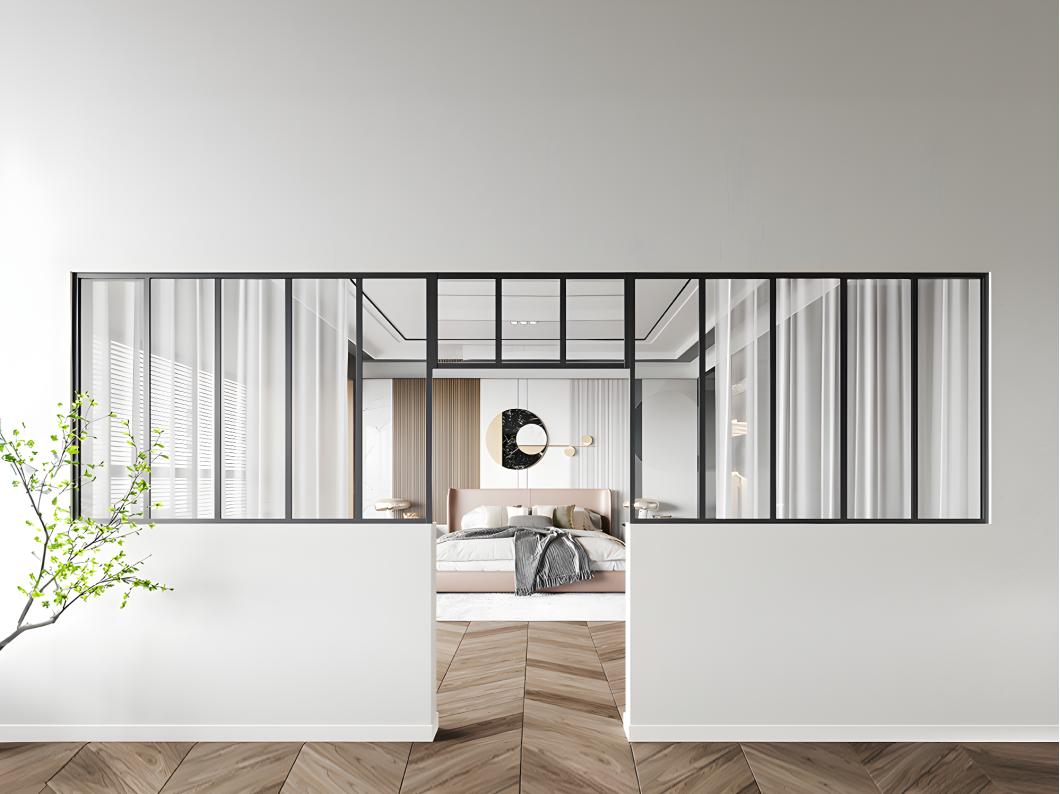 Zestaw 2 przeszklonych ścianek industrialnych z nadświetlem z aluminium malowanego proszkowo - 2 x szer. 150 x wys. 105 + szer. 83 x wys. 40 cm - Czarny - BAYVIEW
