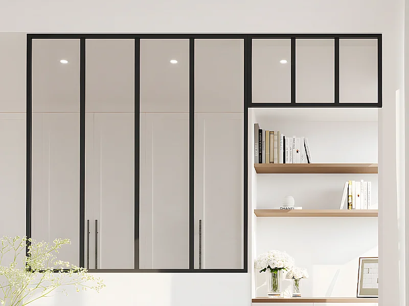 Verrière atelier avec imposte en aluminium thermolaqué - L120 x H130 + L73 x H40 cm - Noir - BAYVIEW