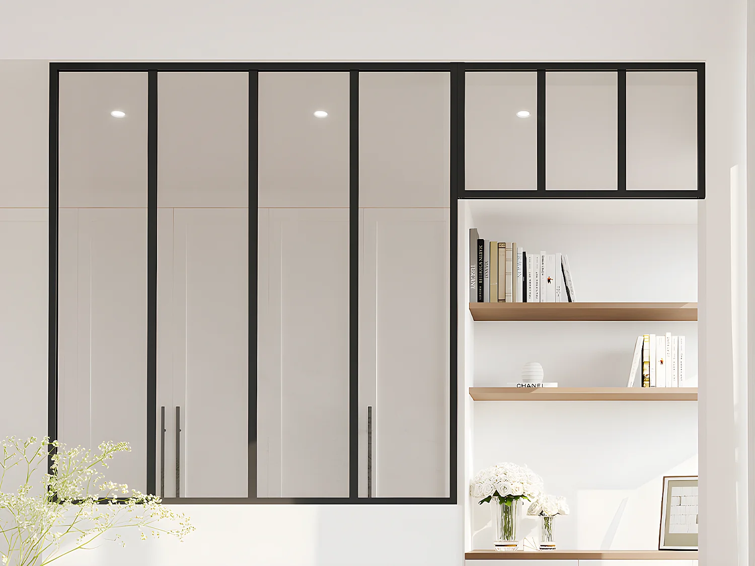 Atelier-Glaswand mit Oberlicht - thermolackiertes Aluminium - 120 x 130 + 73 x 40 cm - Schwarz - BAYVIEW