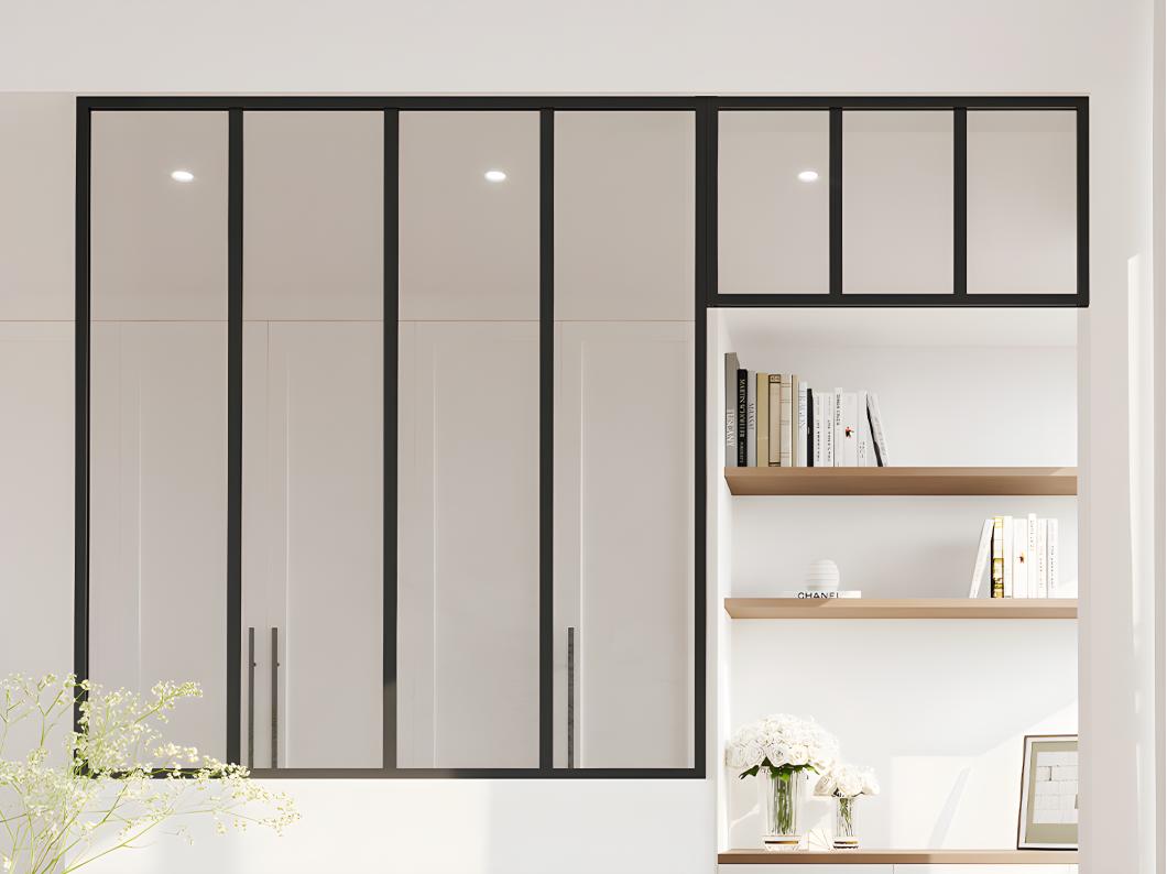 Cristalera estilo taller con travesaño de aluminio termolacado - Ancho 120 x Alt. 130 + Ancho 73 x Alt. 40 cm - Negro - BAYVIEW