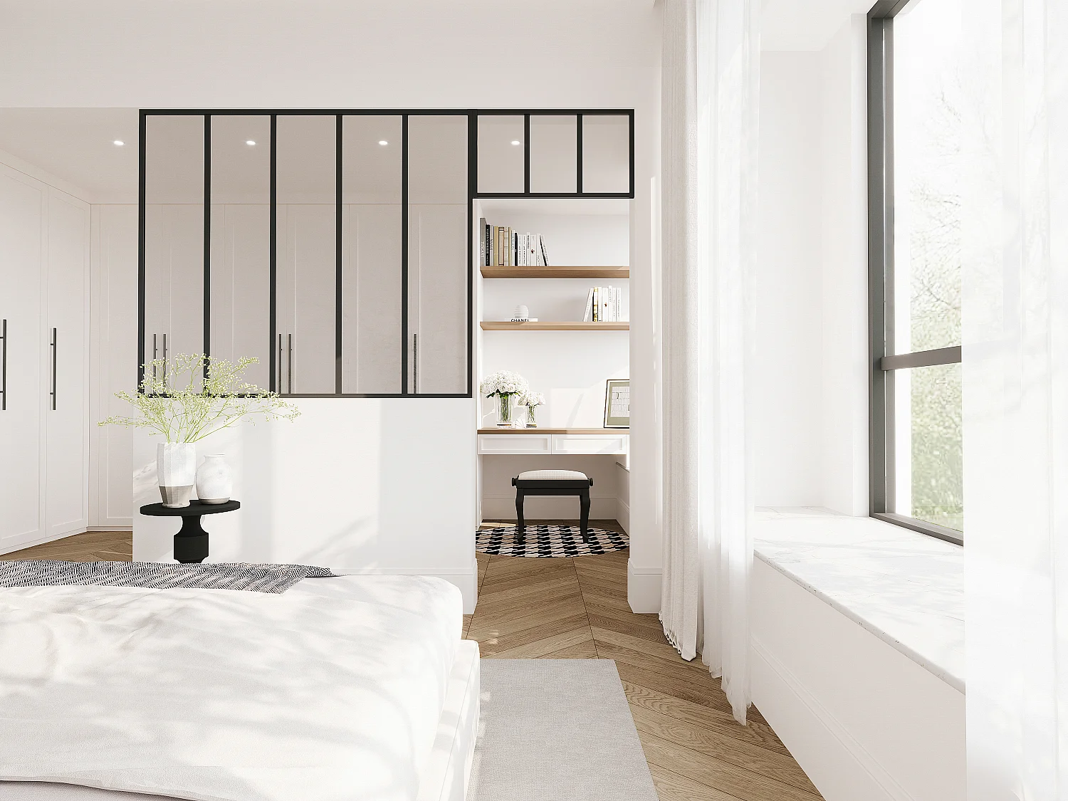 Værksted skillevæk med topinspjældet i pulverlakeret aluminium - B150 x H130 + L73 x H40 cm - Sort - BAYVIEW