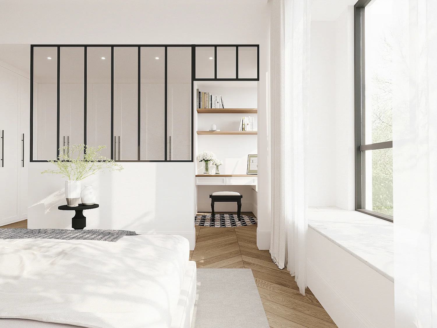 Cristalera estilo taller con travesaño de aluminio termolacado - Ancho 180 x Alt. 130 + Ancho 73 x Alt. 40 cm - Negro - BAYVIEW