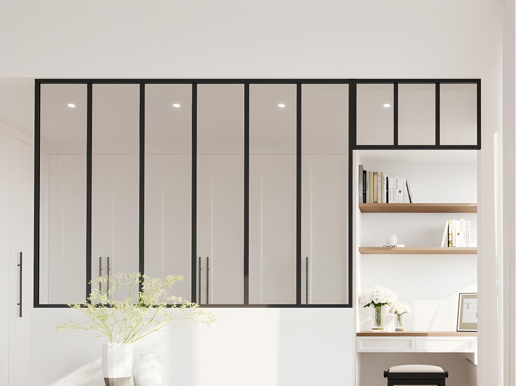 Przeszklona ścianka industrialna z nadświetlem z aluminium malowanego proszkowo - szer. 180 x wys. 130 + szer. 73 x wys. 40 cm - Czarny - BAYVIEW