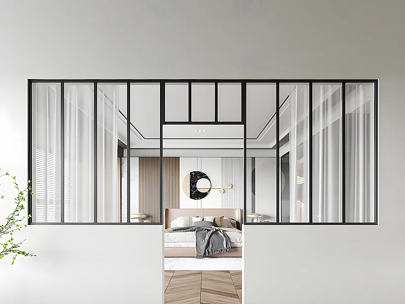 Vetrata atelier con sopraluce 2xL120xH130 + L73xH40cm in Alluminio termolaccato Nero - Lotto di 2 - BAYVIEW