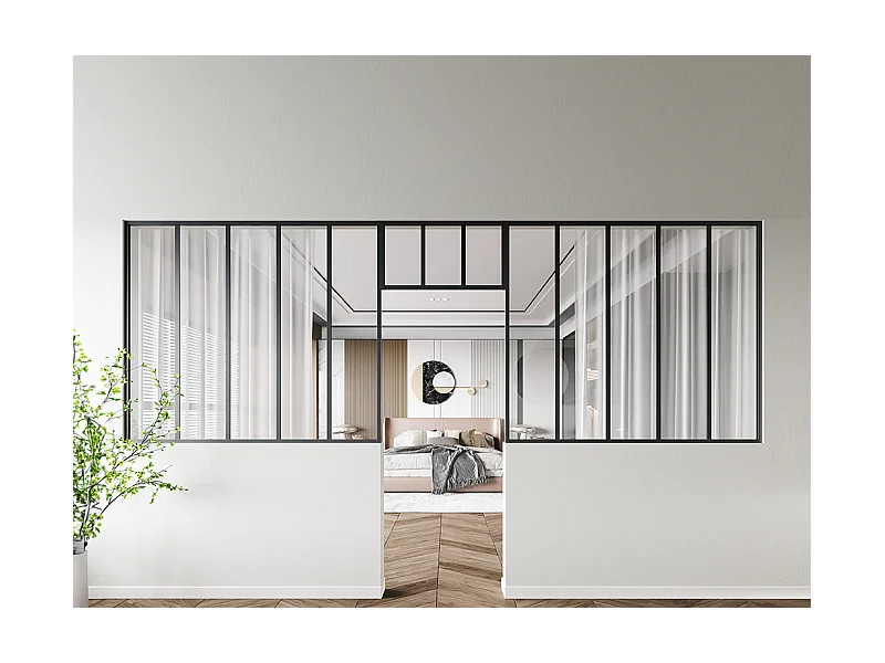 Lote de 2 cristaleras estilo taller con travesaño de aluminio termolacado - 2 x Ancho 150 x Alt. 130 + Ancho 73 x Alt. 40 cm - Negro - BAYVIEW