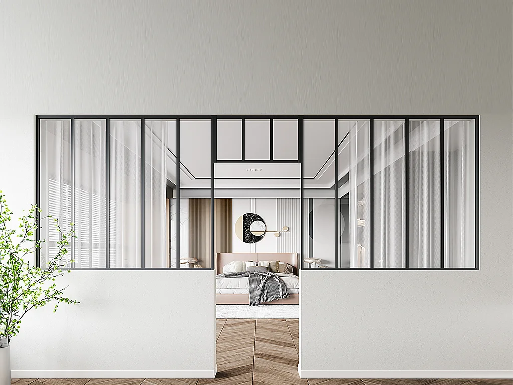 Zestaw 2 przeszklonych ścianek industrialnych z nadświetlem z aluminium malowanego proszkowo - 2 x szer. 150 x wys. 130 + szer. 73 x wys. 40 cm - Czarny - BAYVIEW