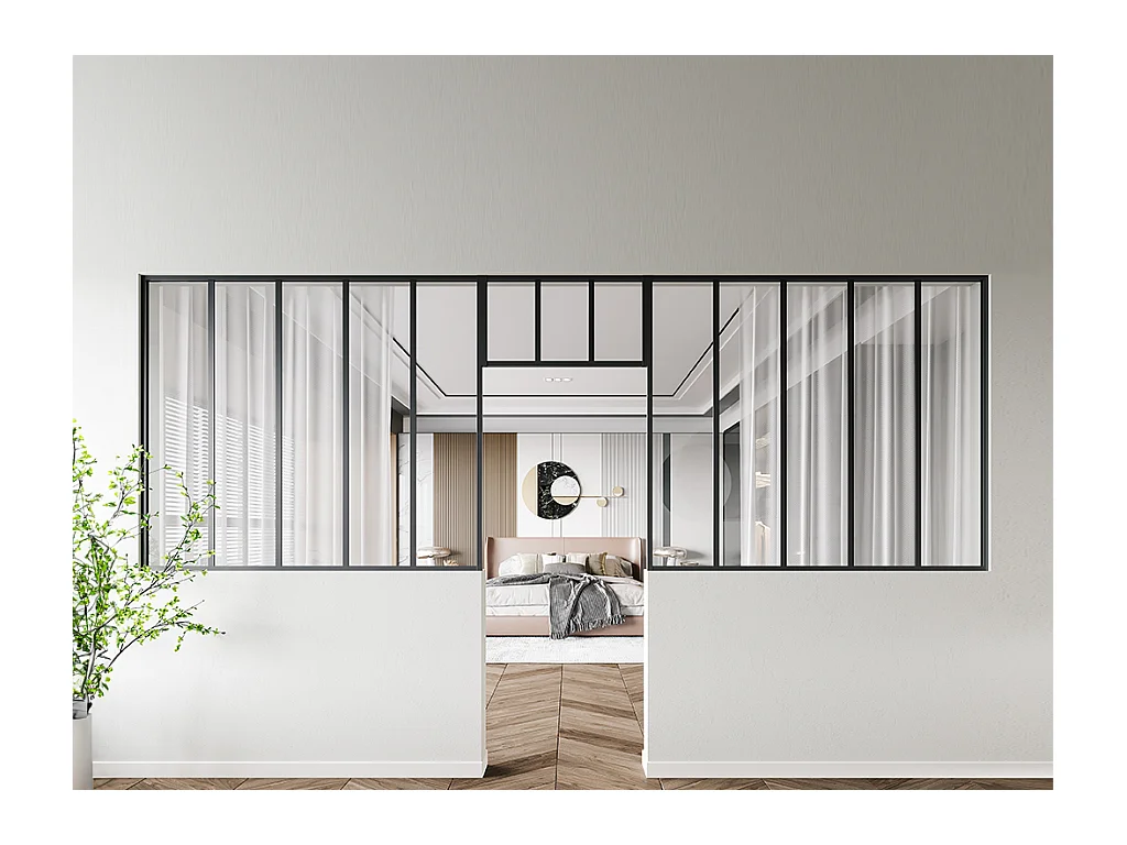 Lot de 2 verrières atelier avec imposte en aluminium thermolaqué - 2 x L150 x H130 + L73 x H40 cm - Noir - BAYVIEW
