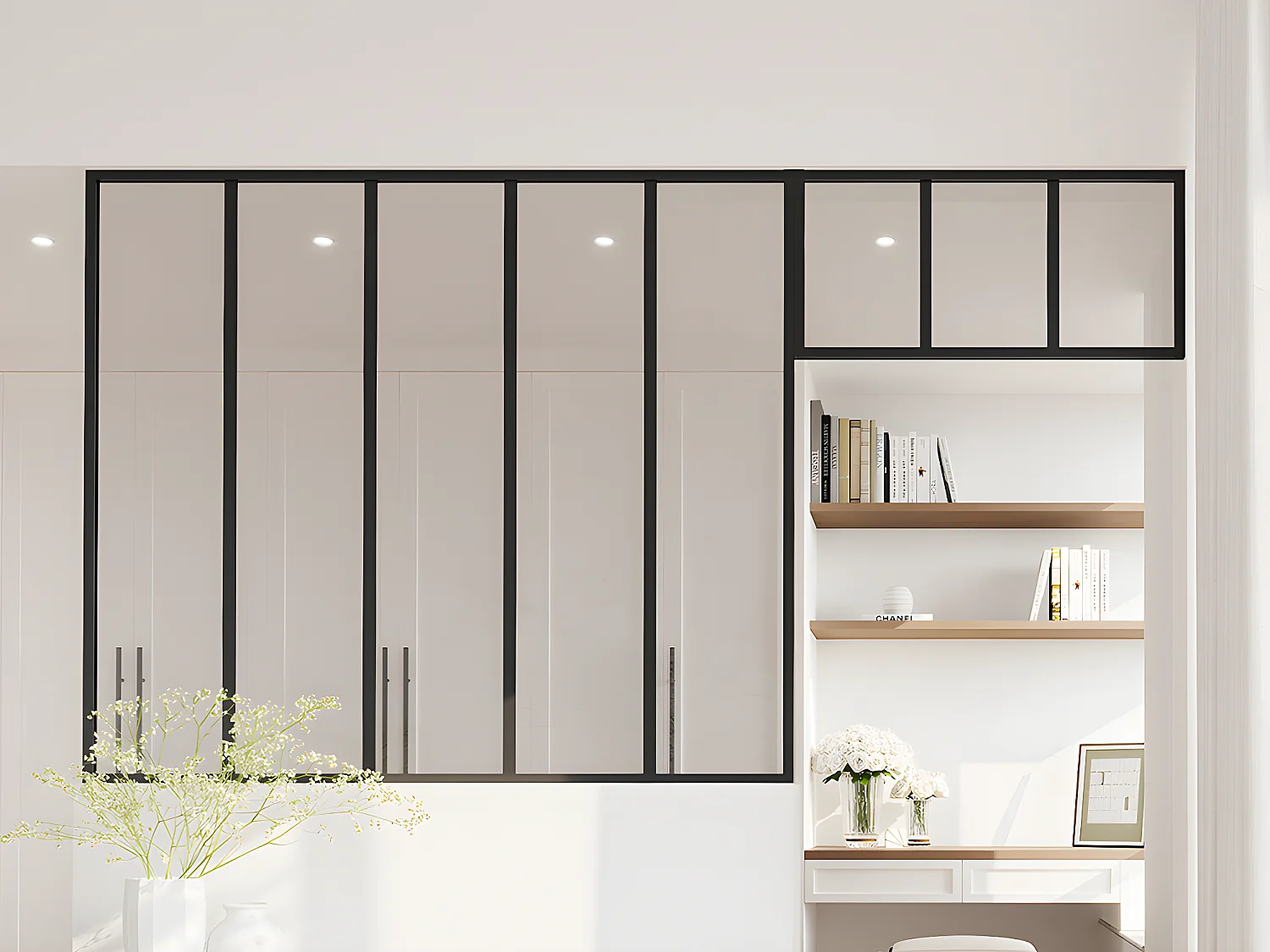 Verrière atelier avec imposte en aluminium thermolaqué - L150 x H130 + L83 x H40 cm - Noir - BAYVIEW