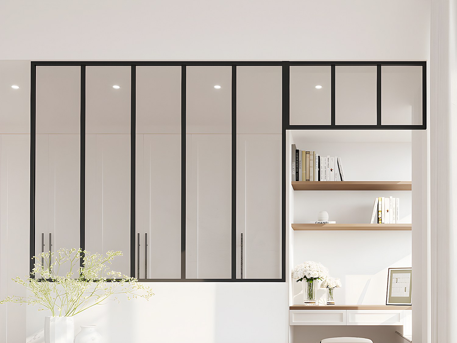 Atelier-Glaswand mit Oberlicht - thermolackiertes Aluminium - 150 x 130 + 83 x 40 cm - Schwarz - BAYVIEW