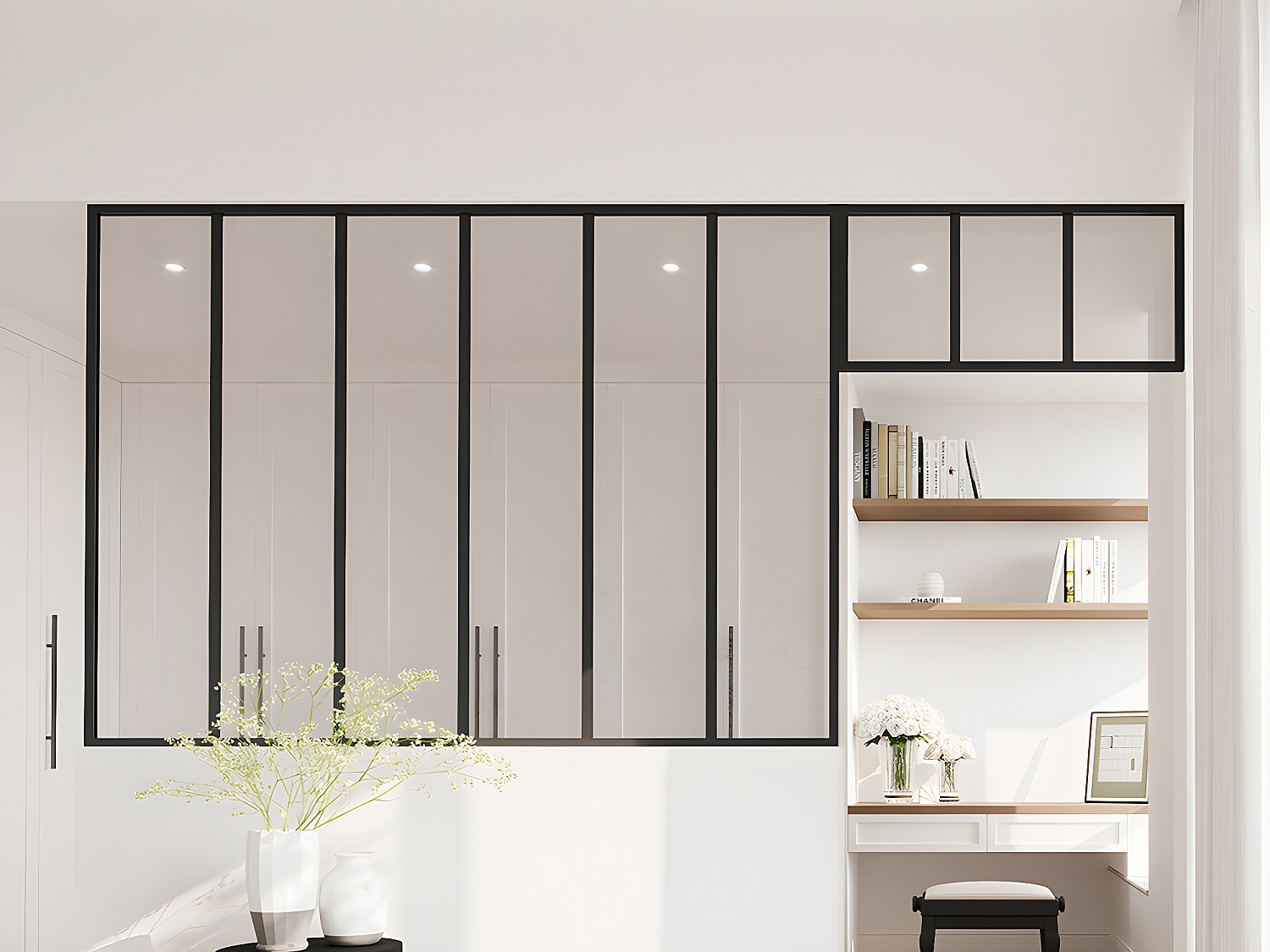 Atelier-Glaswand mit Oberlicht - thermolackiertes Aluminium - 180 x 130 + 83 x 40 cm - Schwarz - BAYVIEW