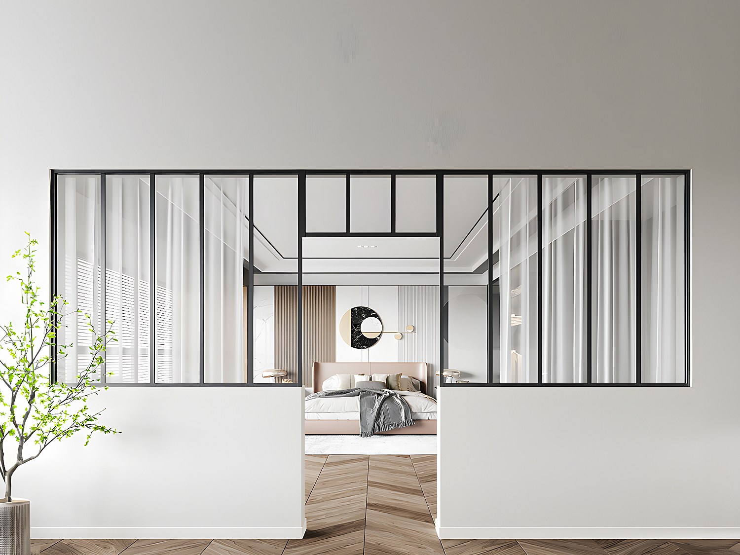 Atelier-Glaswand mit Oberlicht 2er-Set - thermolackiertes Aluminium - 2x 150 x 130 + 83 x 40 cm - Schwarz - BAYVIEW