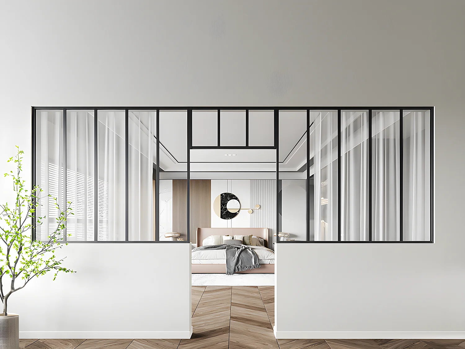 Sæt med 2 værkstedsruder med overvindue i pulverlakeret aluminium - 2 x B150 x H130 + B83 x H40 cm - Sort - BAYVIEW