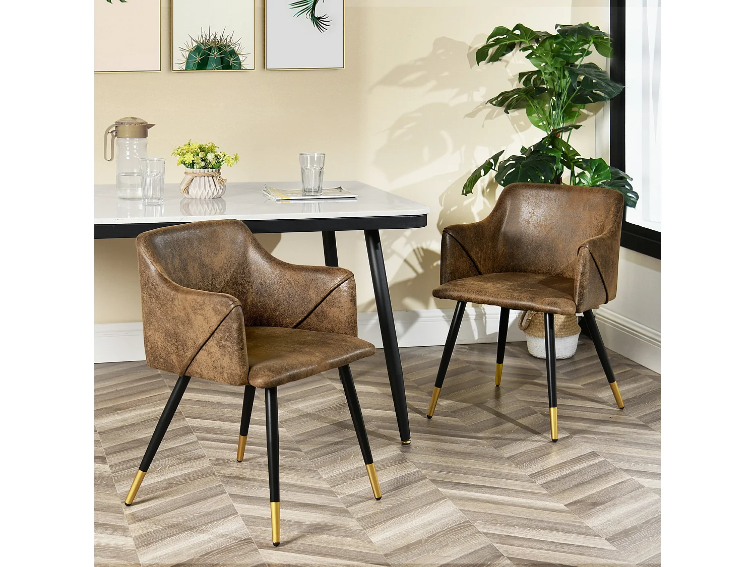 Set di 2 sedie da pranzo industriali retrò piedi sintetici in PU punti dorati ALDRIDGE VINTAGE BROWN UKFR