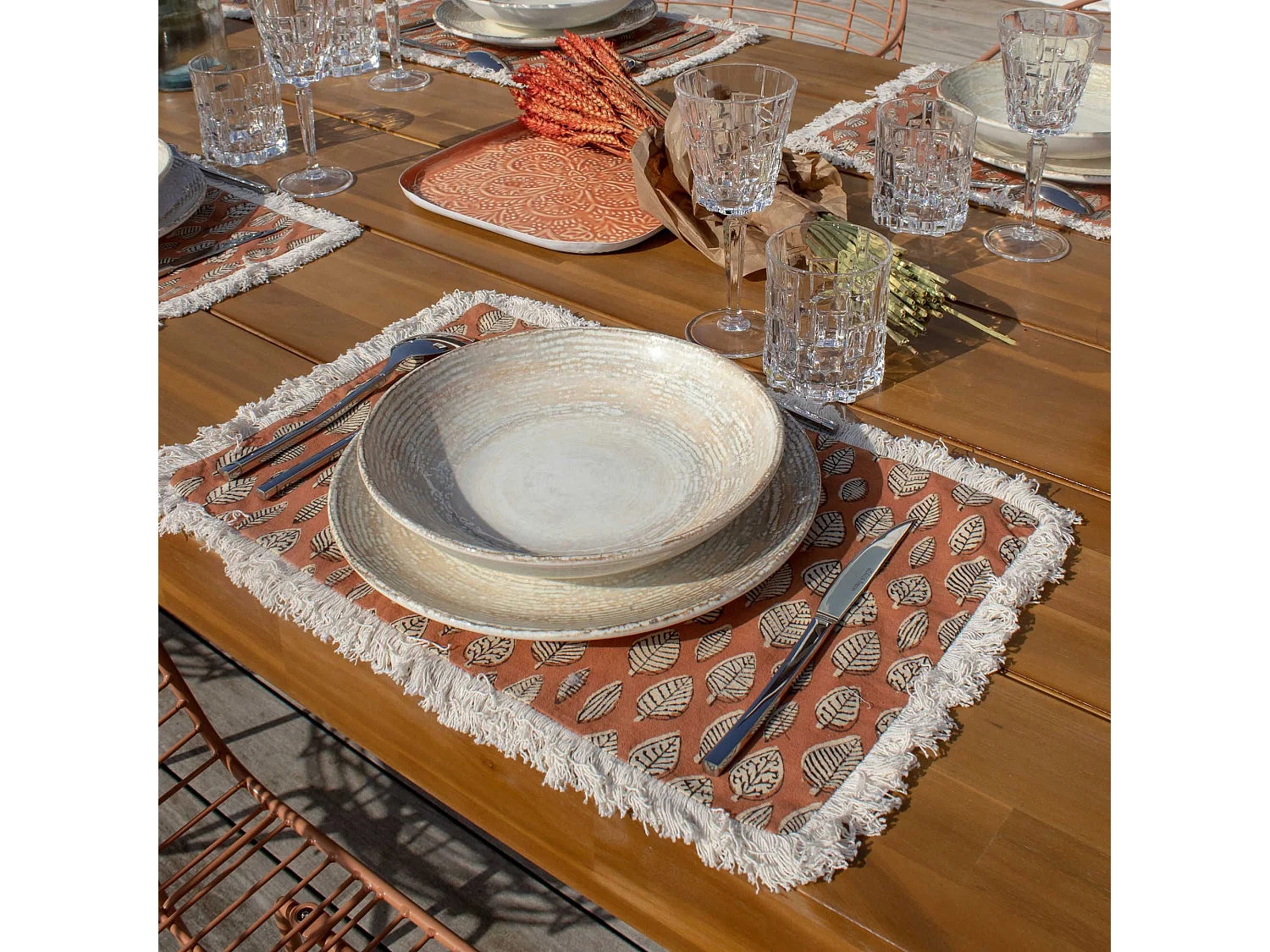 Now's Home - Lot 4 Sets De Table En Coton Terracotta  Avec Franges 43x28cm Malaga