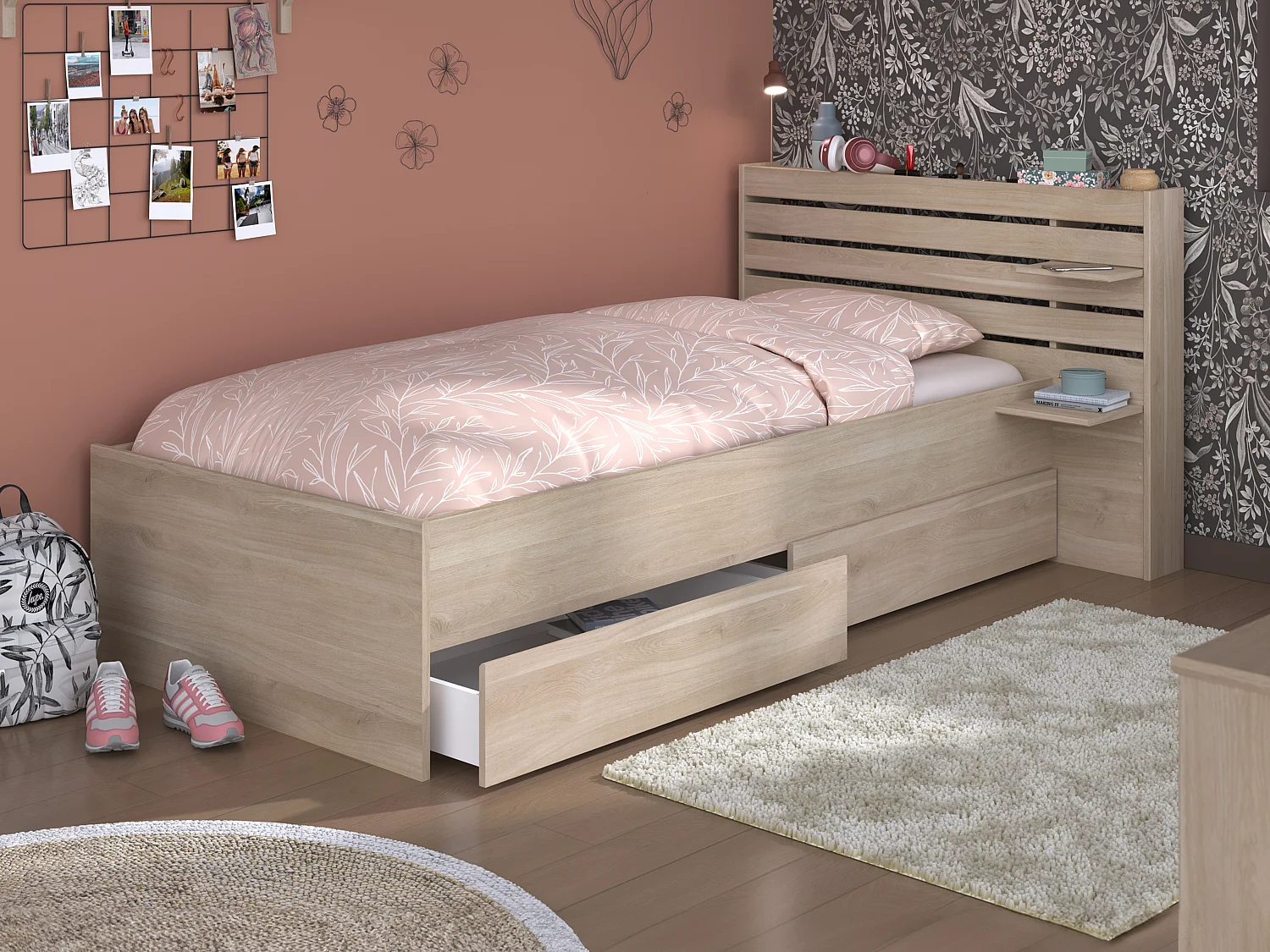 Bett 90 x 190/200 cm mit Stauraum + Lattenrost - Holzfarben - TENALIA