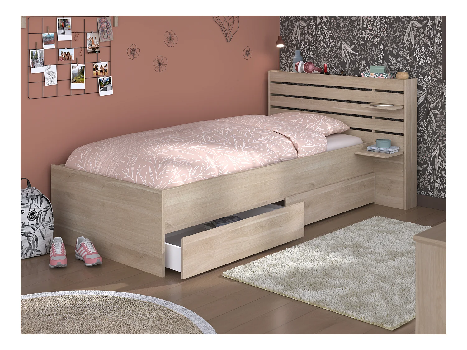 Seng 90 x 190/200 cm med oppbevaring - Farge: Naturlig + Sengebunn - TENALIA