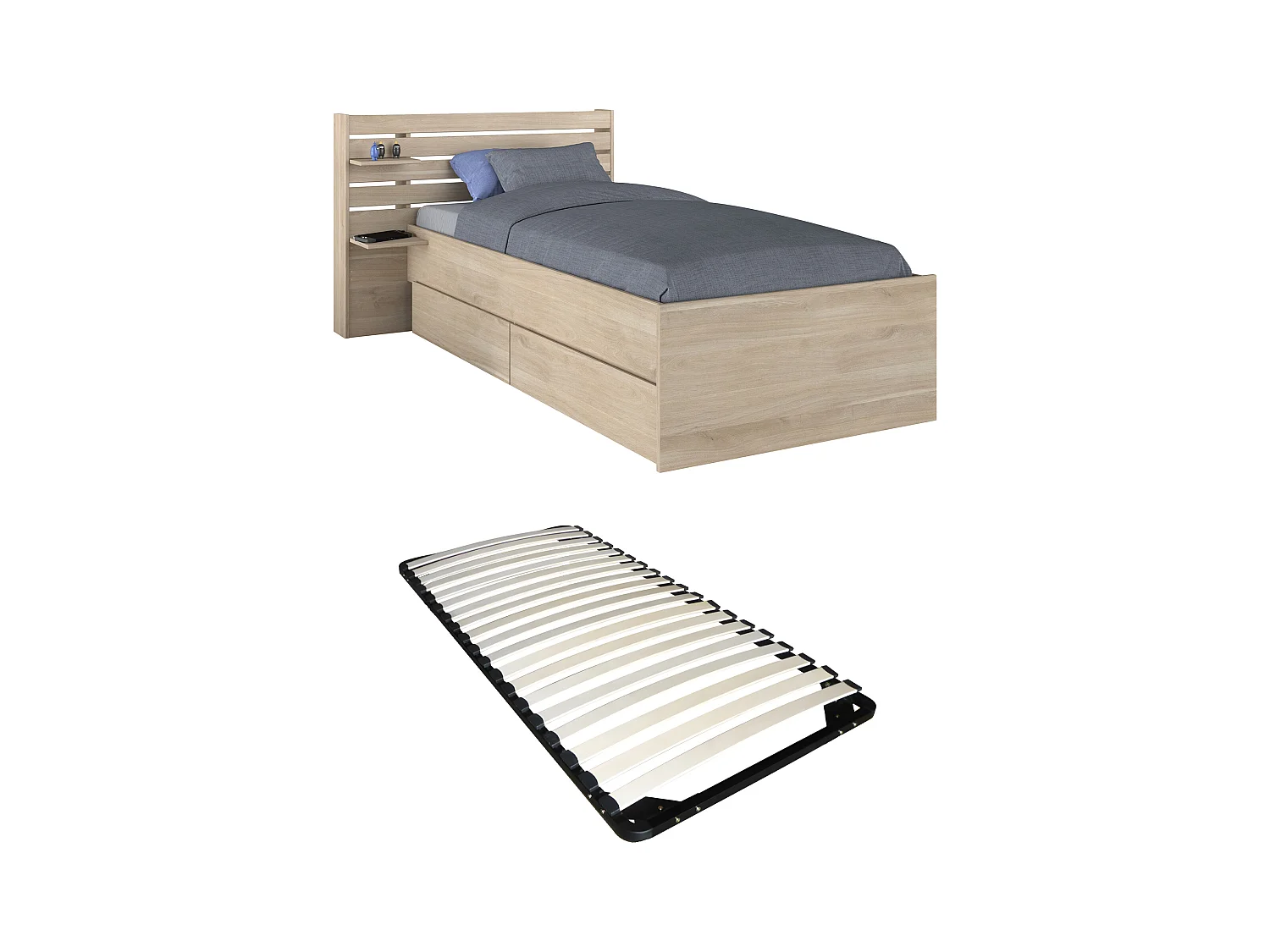 Seng 90 x 190/200 cm med oppbevaring - Farge: Naturlig + Sengebunn - TENALIA