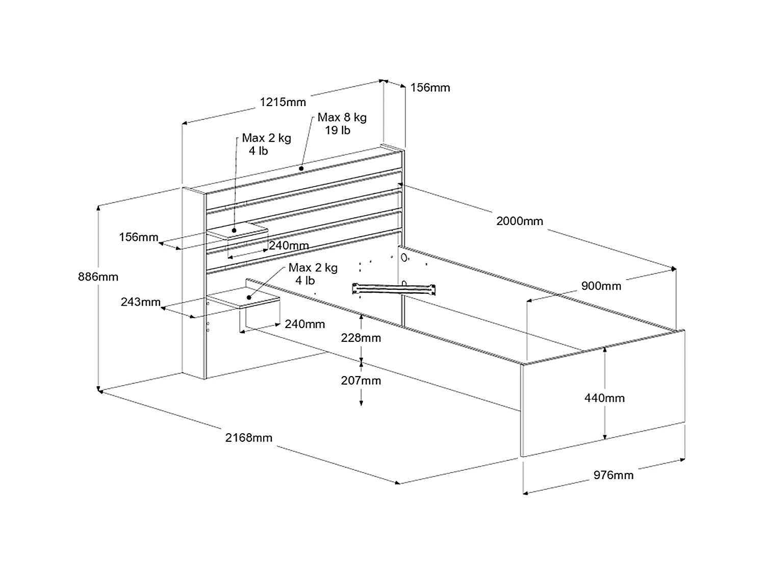 Seng 90 x 190/200 cm med oppbevaring - Farge: Naturlig + Sengebunn - TENALIA