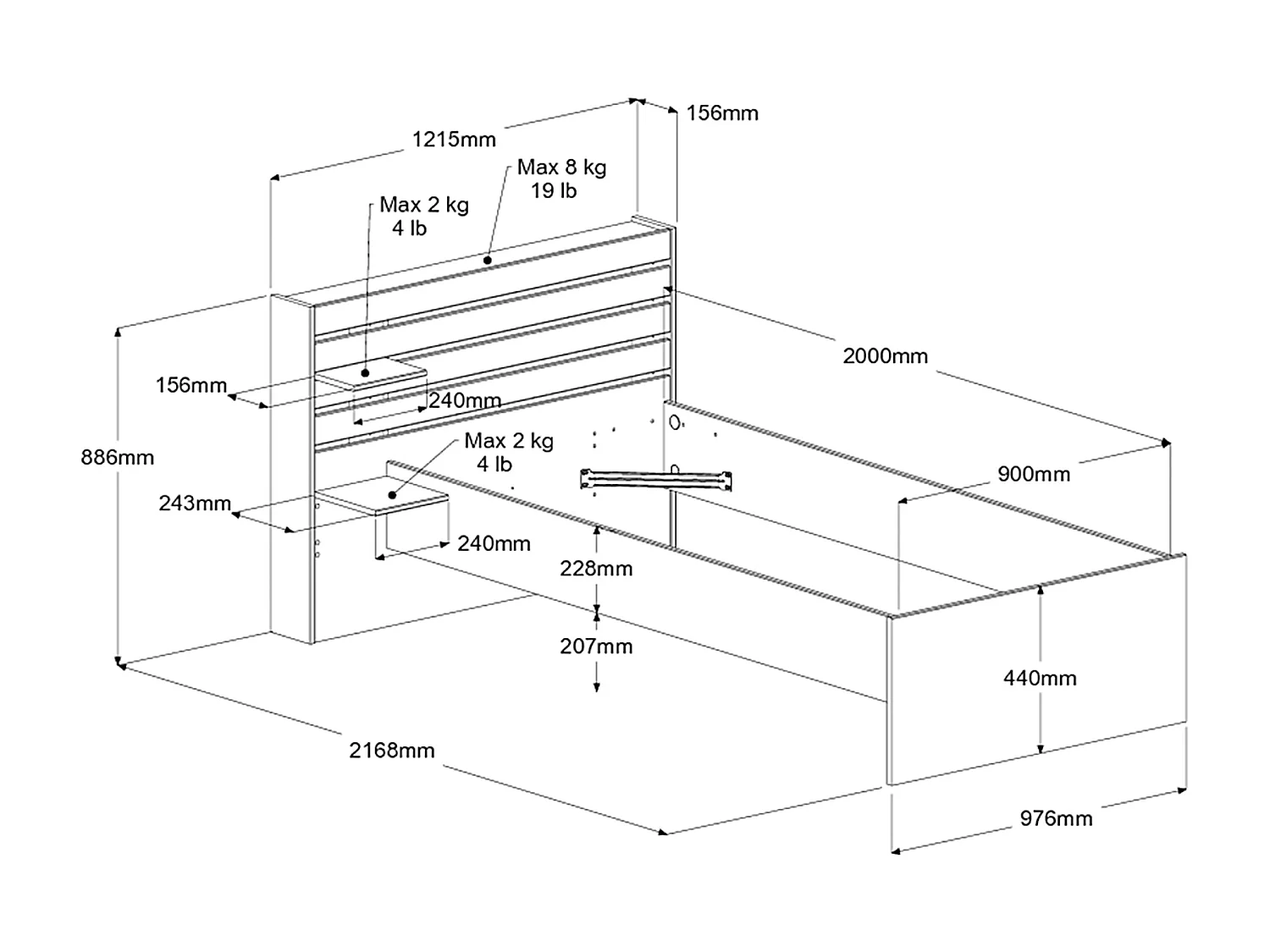 Cama 90 x 190/200 cm con compartimentos - Color: natural + Somier - TENALIA