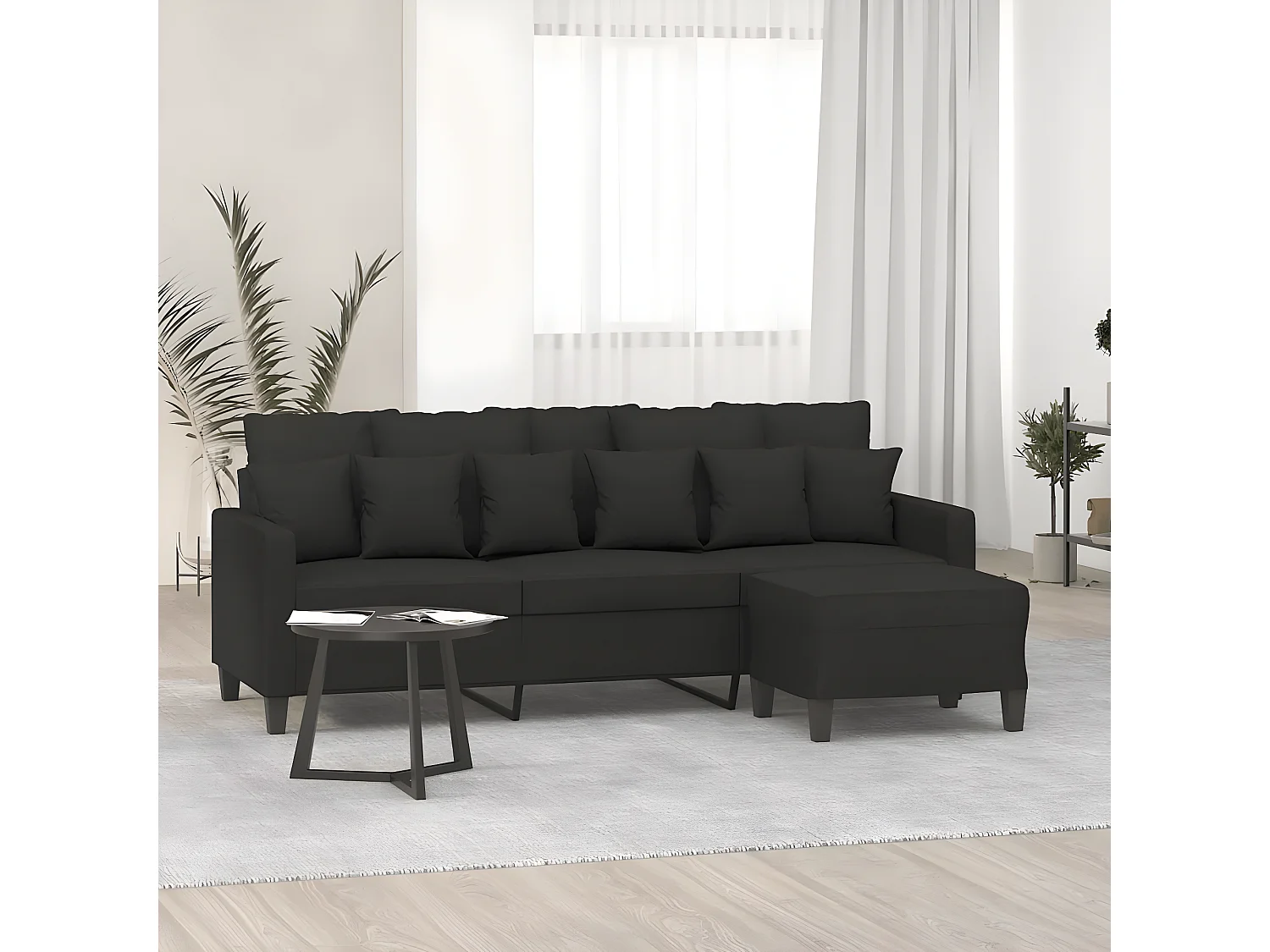 3-Sitzer-Sofa | Wohnzimmersofa mit Hocker Schwarz 180 cm Stoff -gkd554202