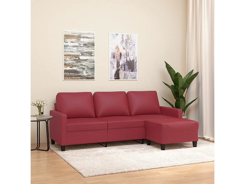 Driezitsbank met voetenbank 180 cm kunstleer wijnrood NL609300