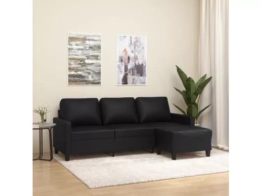 Kauf Unique 3-Sitzer-Sofa | Wohnzimmersofa mit Hocker Schwarz 180 cm Kunstleder -gkd663608