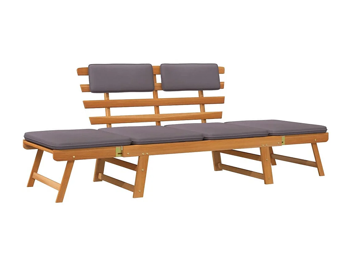 Chaise longue avec coussin, Bain de soleil, Banc exterieur 2-en-1 190 cm Bois solide d'acacia