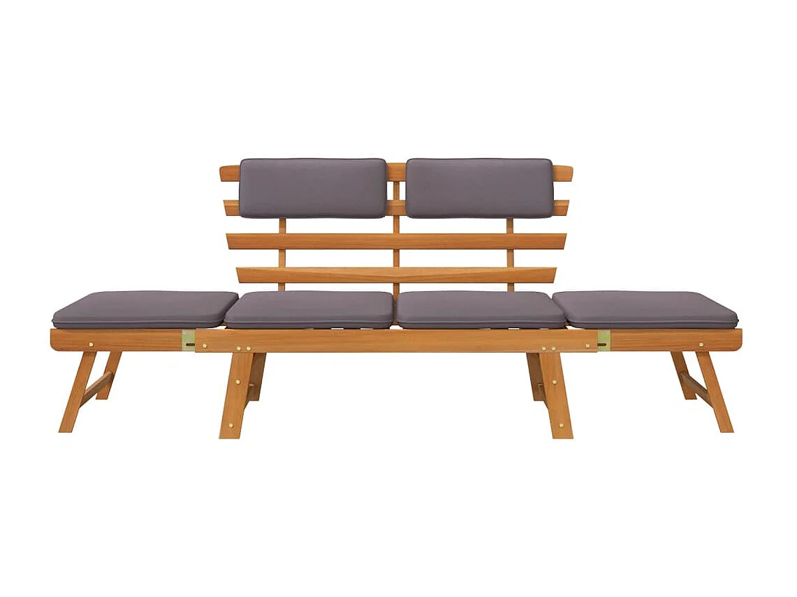 Chaise longue avec coussin, Bain de soleil, Banc exterieur 2-en-1 190 cm Bois solide d'acacia