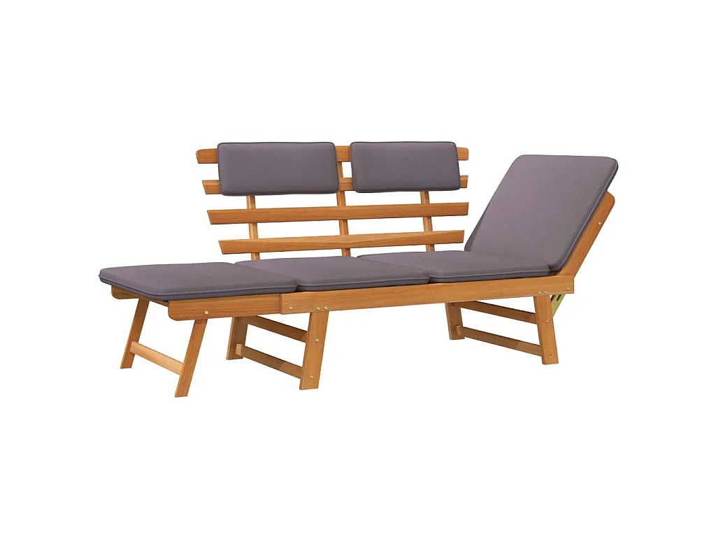 Chaise longue avec coussin, Bain de soleil, Banc exterieur 2-en-1 190 cm Bois solide d'acacia