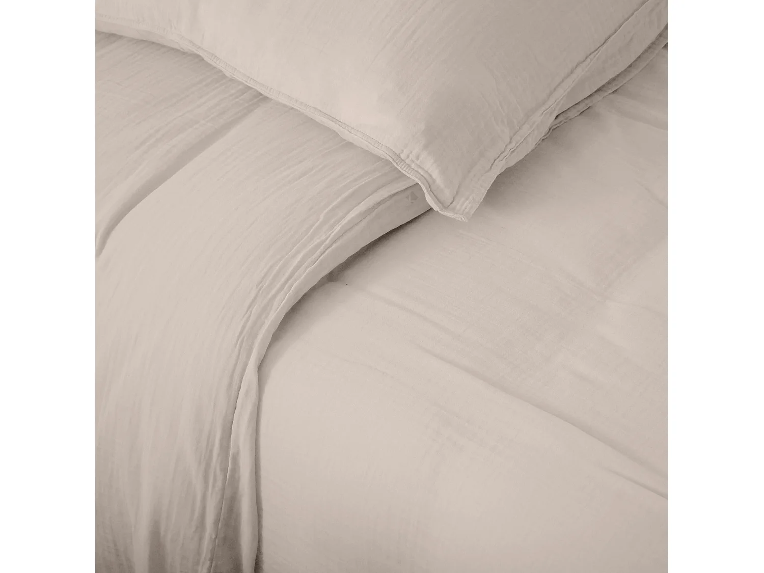 Parure de lit 3 pièces 260x240 cm et 50x70 cm mousseline de coton MILOS beige naturel