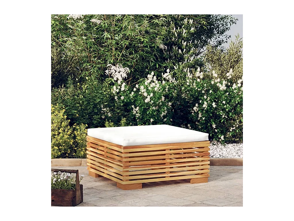 Repose-pied de jardin avec coussin crème Bois de teck massif LQF12113