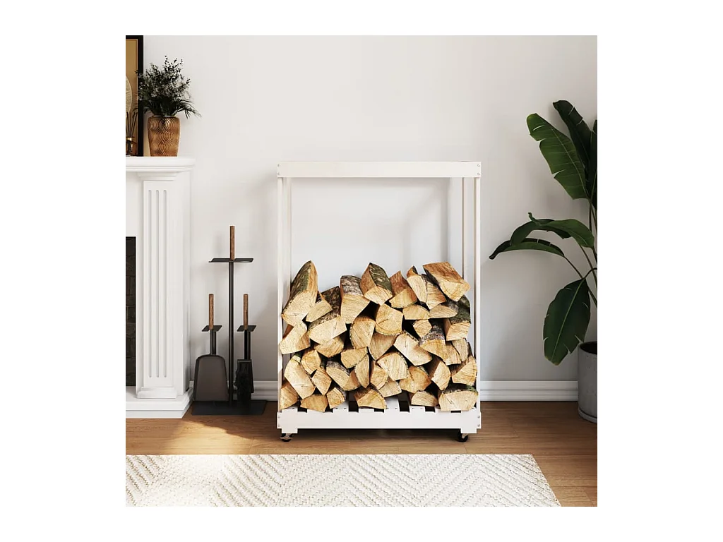 Porte-bûches avec roulettes blanc 76,5x40x108cm bois massif pin -ASAF76673 BonneVie Meuble