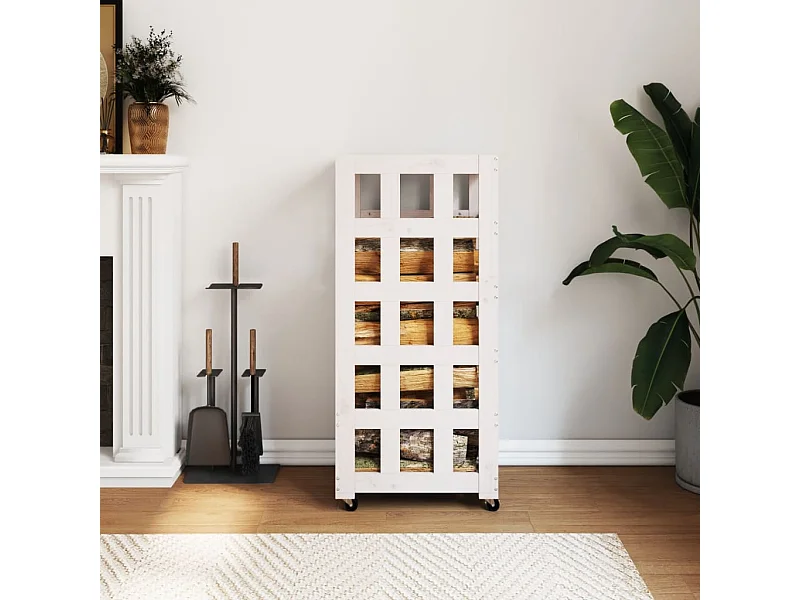 Porte-bûches avec roulettes blanc 40x49x110 cm bois massif pin -ASAF17783 BonneVie Meuble