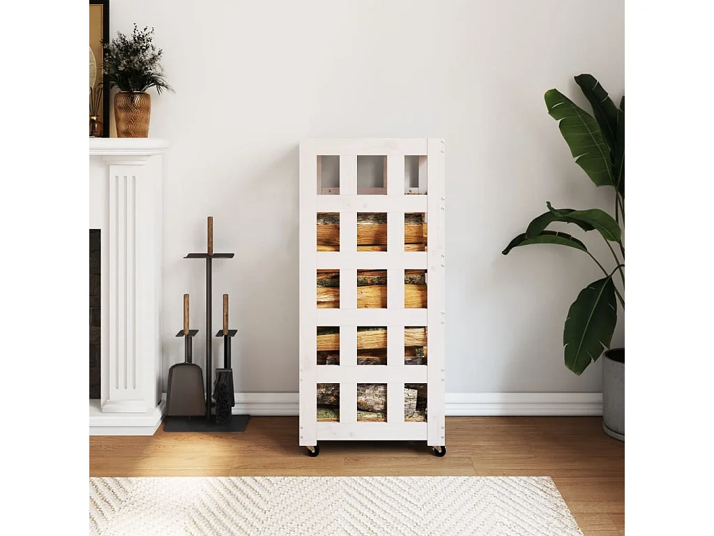 Suporte de lenha c/ rodas 40x49x110 cm pinho maciço branco PT599764